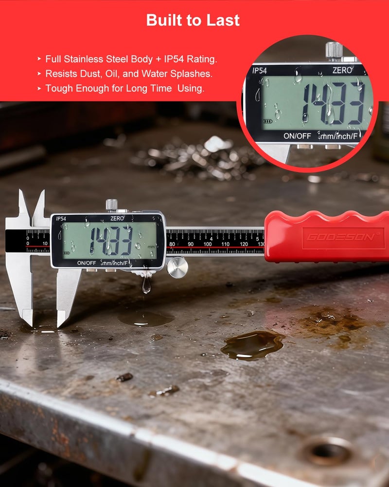 GODESON Digital Caliper, 6 Inch Rechargeable & Power Indicator Caliper Measuring Tool - 0.01mm Accuracy, Large LCD Vernier Calipers - IP54 & Stainless Steel, MM/Inch/F for Metal & Wood Working, 3D Printing - Image 4